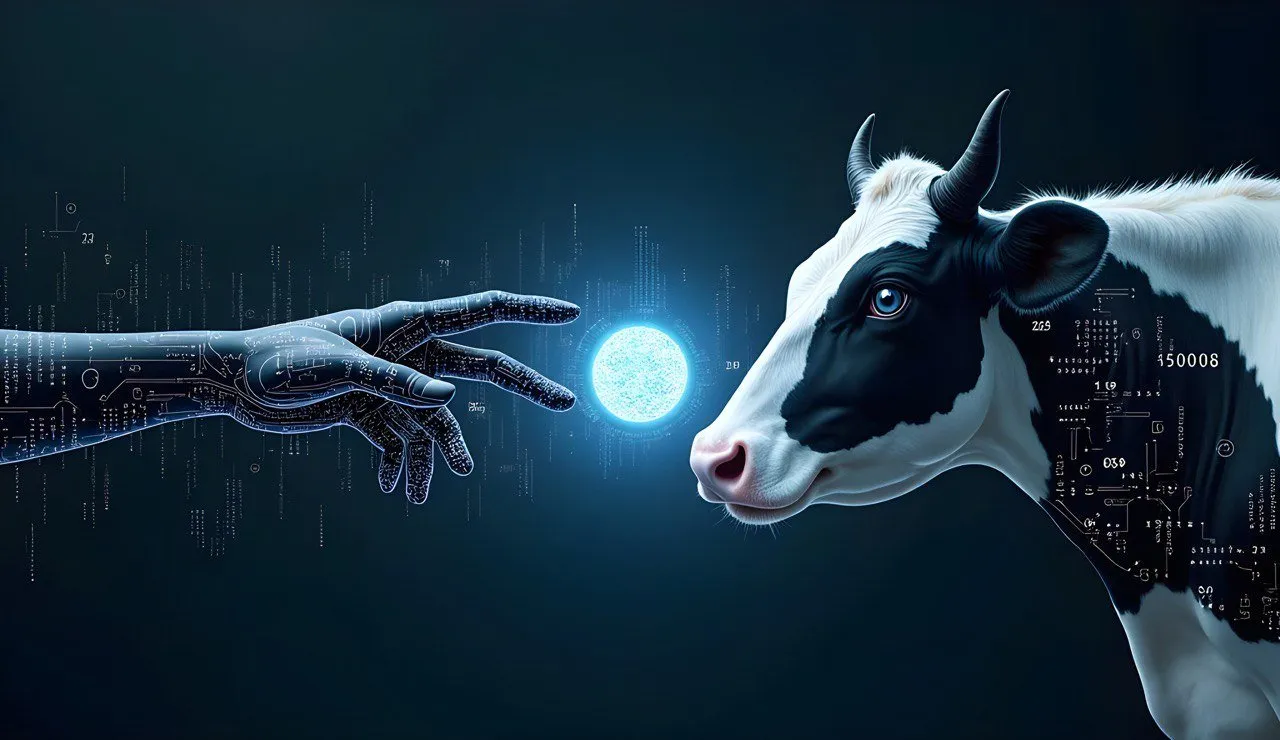Illustration: a human hand reaching toward a cow, a glowing point of light between them
